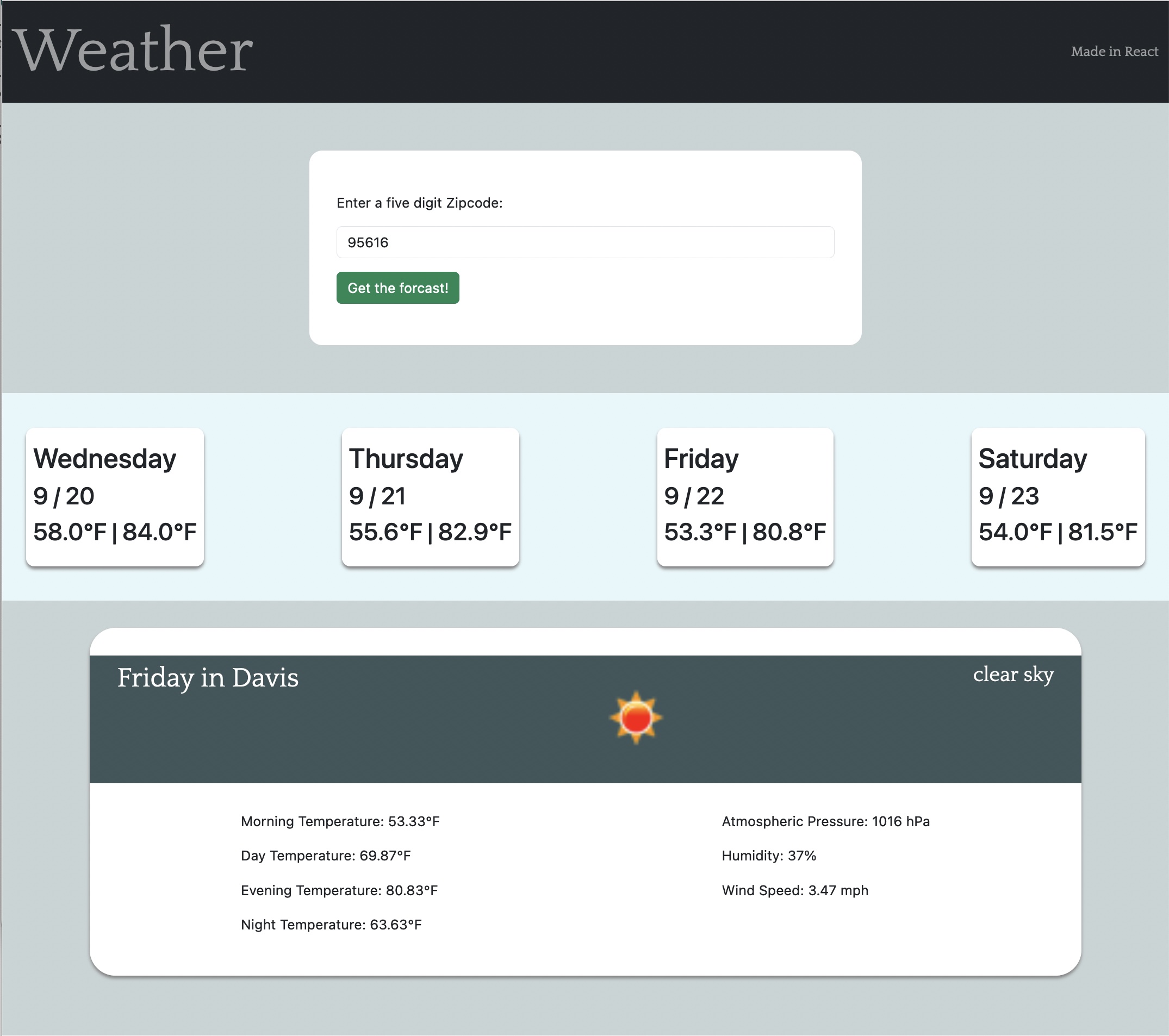 screenshot of weather website showing search bar and weather results